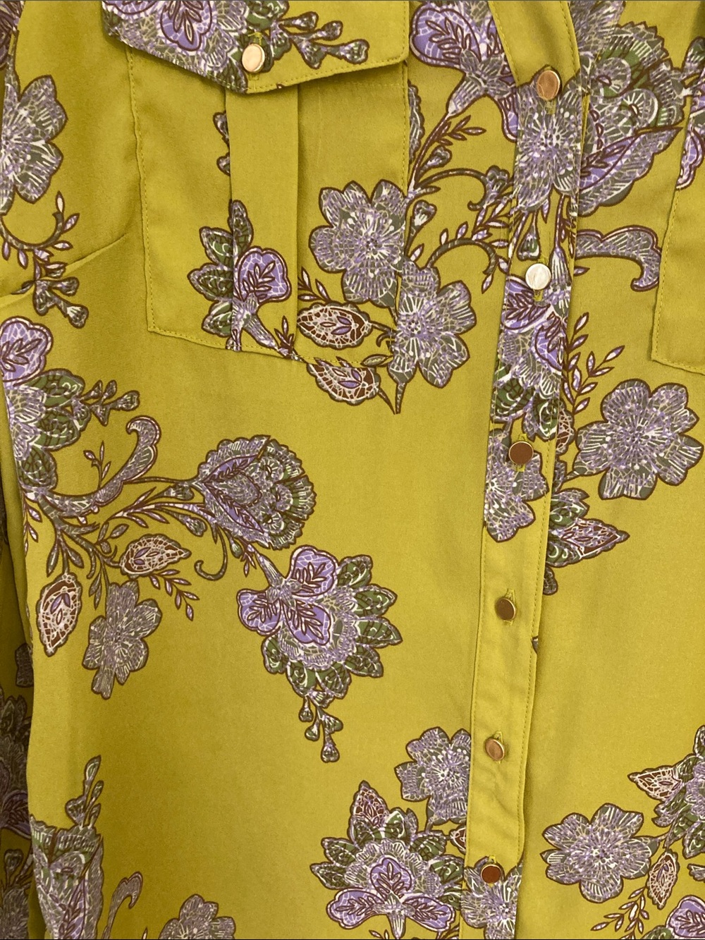 Chartreuse Floral Button-Front Blouse - Picture 7 of 11